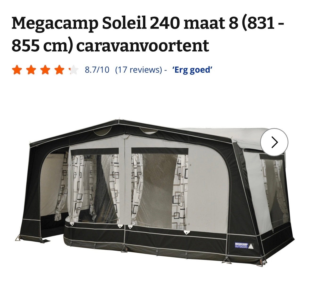 Megacamp Soleil 240 maat 8 (831-855 cm) voortent, Caravans en Kamperen, Ophalen, Zo goed als nieuw, Polyester, Overige merken