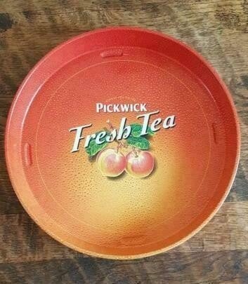 Vintage Pickwick "Fresh Tea" metalen dienblad –oranje 32 cm, Ophalen of Verzenden, Gebruikt, Rond, Metaal