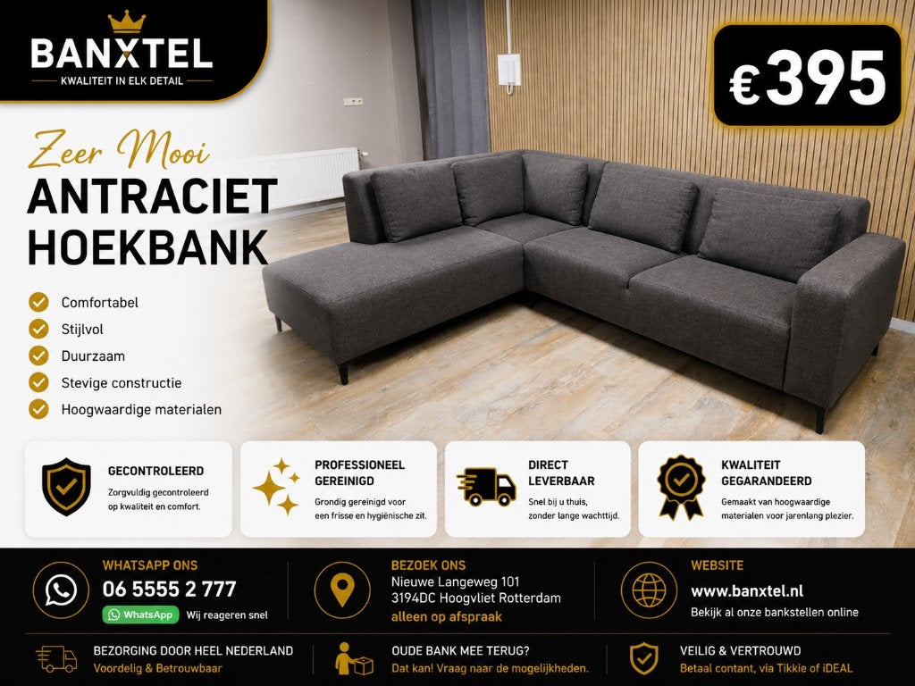 Mooie Groot Antraciet Hoekbank, Info@banxtel.nl, Gebruikt, Verzenden, Hoekbank