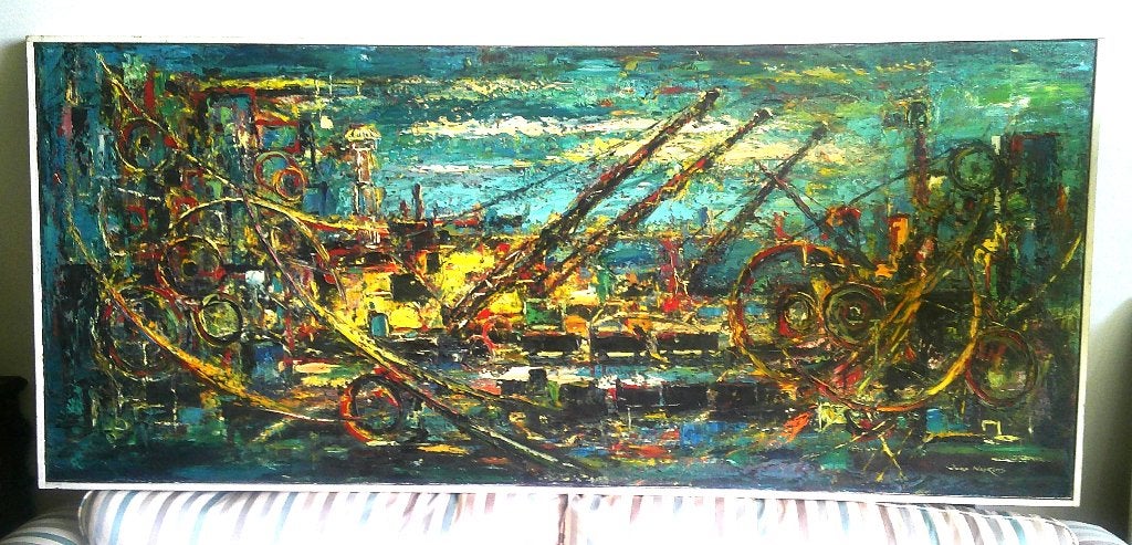 GROOT - Bedrijvigheid in haven ? - Jaap Nefkens 1926-1999, Antiek en Kunst, Ophalen, Doek, Expressionistisch, Olieverf