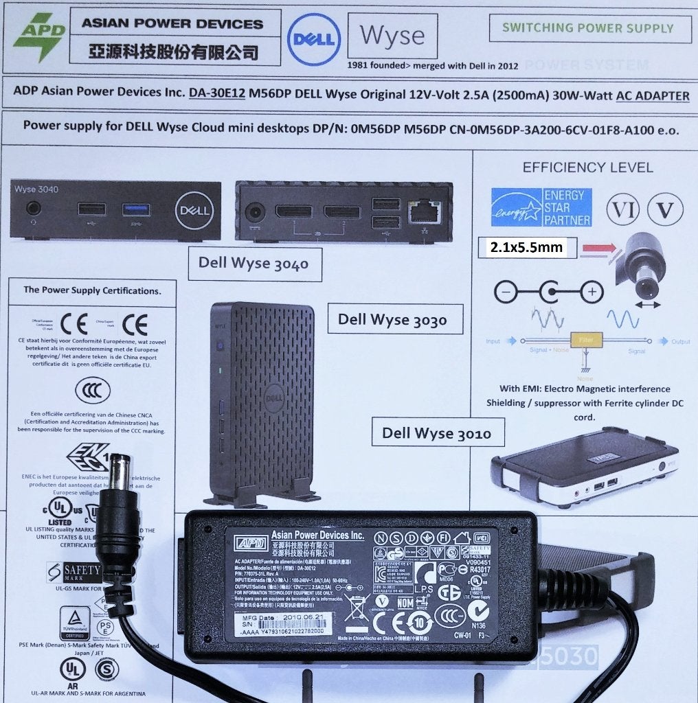 APD DA-30E12 12V 2.5A 30W AC Adapter Lader Oplader Dell Wyse, Computers en Software, Pc- en Netwerkkabels, Zo goed als nieuw, Ophalen of Verzenden