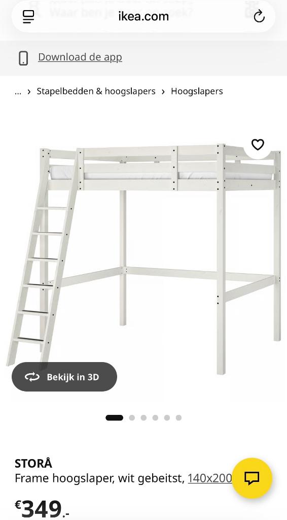 Ikea hoogslaper STORÅ wit 140x200, Huis en Inrichting, Slaapkamer | Stapelbedden en Hoogslapers, Ophalen, Gebruikt, Hoogslaper