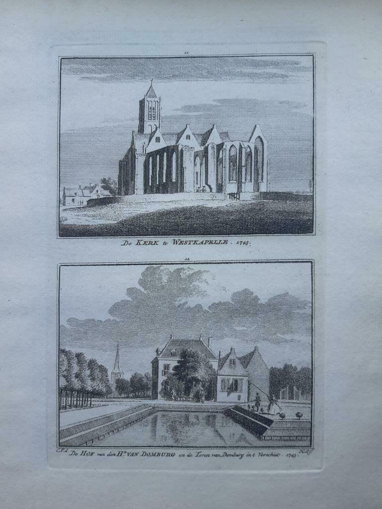 11-12*/ kerk Westkapelle en hof + toren van Domburg gravure, Antiek en Kunst, Ophalen of Verzenden