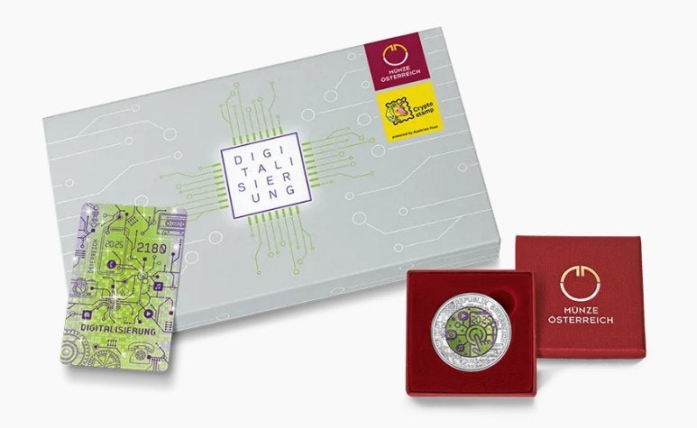 25 Euro Zilver-Niobium Munt "Digitalisierung" + Crypto Stamp, Ophalen of Verzenden, Oostenrijk, Setje, Zilver