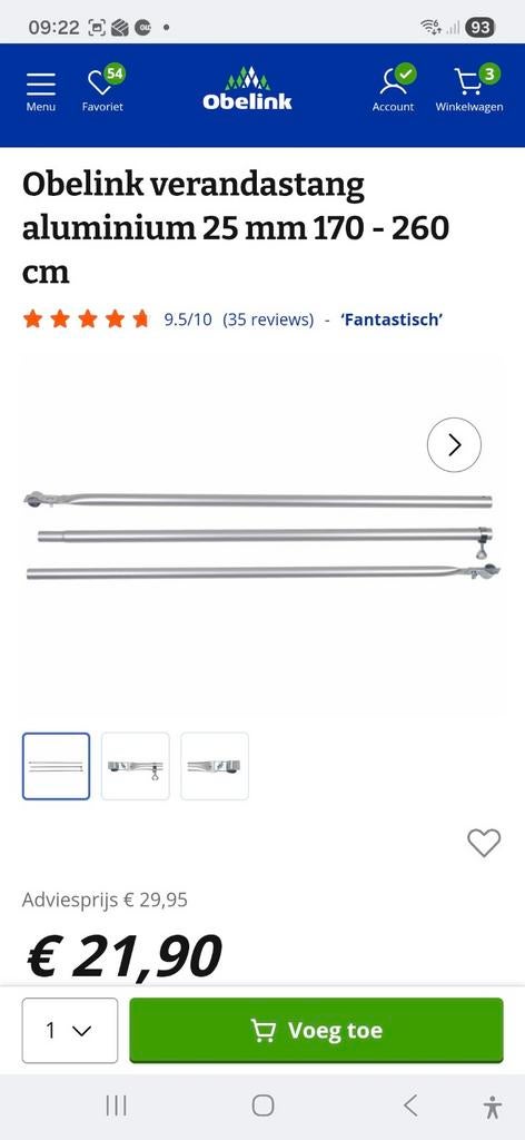 Verandastang aluminium 25mm 170 - 260 cm, Ophalen