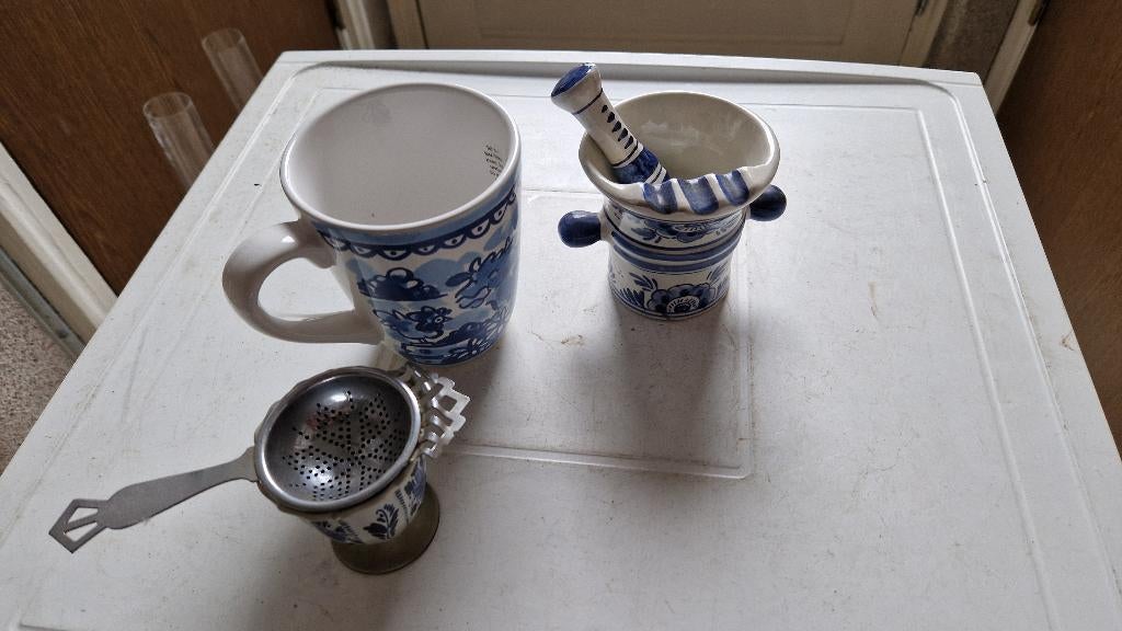 delfts blauwe decoratie kom-vijzel-theezakpotje, Antiek en Kunst, Ophalen of Verzenden