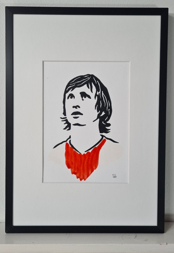 Johan Cruyff A (linodruk in zwarte aluminium lijst), Minder dan 50 cm, Oorspronkelijke maker, Nieuw, Ophalen of Verzenden