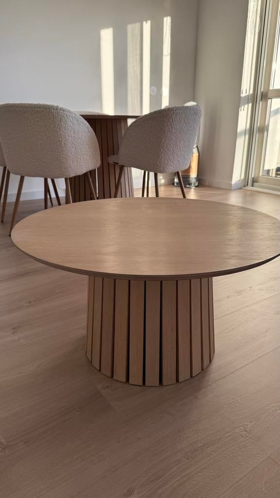 Ronde salontafel met houten latten, Huis en Inrichting, Tafels | Salontafels, Ophalen, Gebruikt, Rond, 50 tot 100 cm