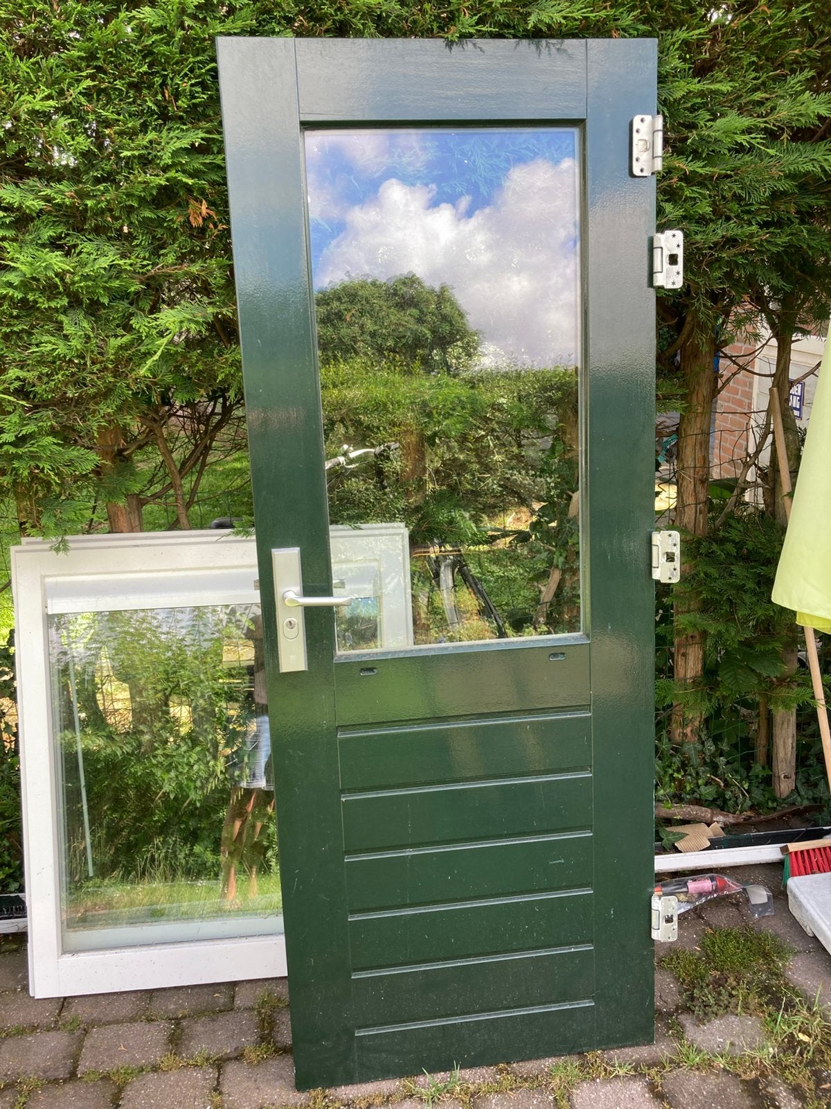 Hardhouten deur met dubbel glas, Ophalen of Verzenden, 200 tot 215 cm, Glas, Buitendeur