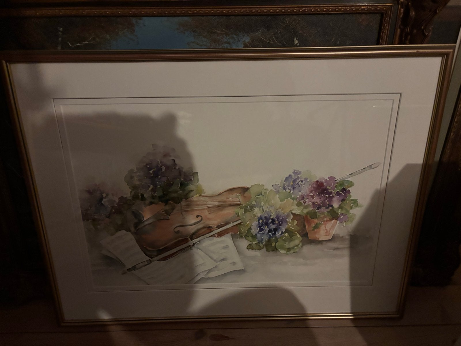 Aquarel Stilleven met Viool en Bloemen, Realistisch, Stilleven, Aquarel, Papier