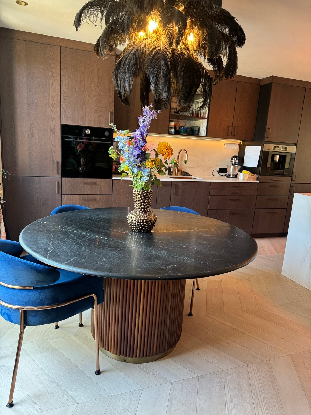 PTMD Ronde Eettafel met Marmer Blad en Houten Voet, Ophalen, Gebruikt, 100 tot 150 cm, Rond