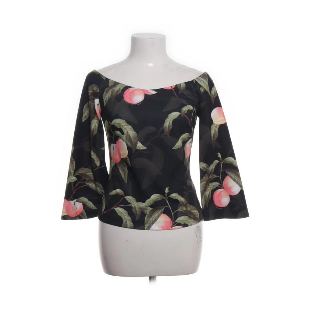Ted Baker luxe top zwart/perzikprint 3/4 mouw rits Ted2=36, Kleding | Dames, Tops, Zo goed als nieuw, Maat 36 (S), Overige kleuren