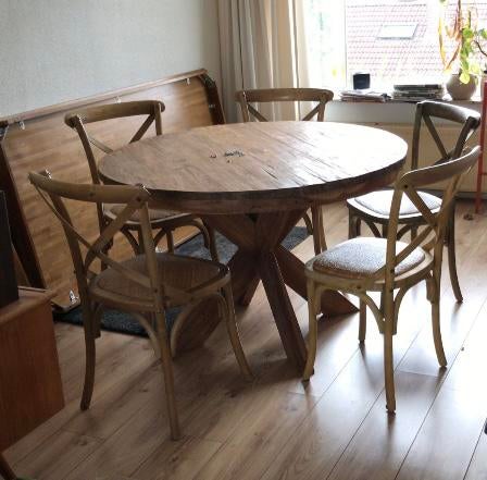 Ronde eettafel teakhout (Goossens), Ophalen, Zo goed als nieuw, Vijf personen of meer, 100 tot 150 cm