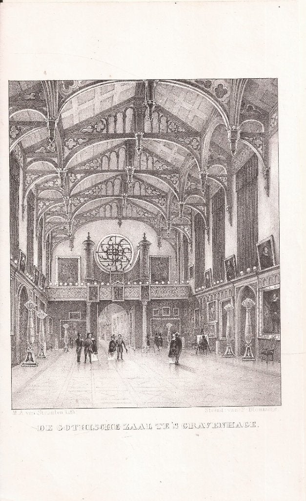 De Gothische zaal te 's Gravenhage ca. 1850 litho, 1800 - 1899, 17 cm, Ophalen of Verzenden, Blanco verso