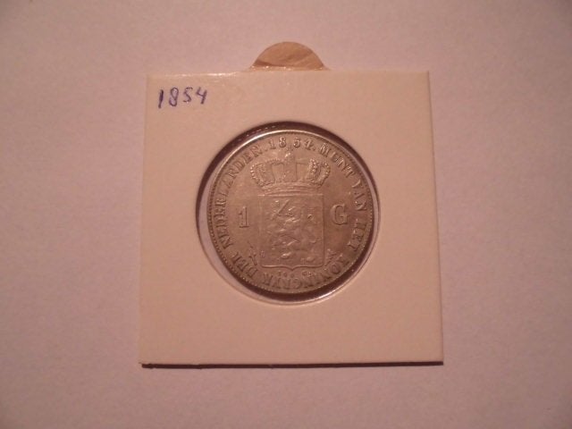 1 oude zilveren munt Nederland 1 gulden 1854 Willem III, 1 gulden, Koning Willem III, Zilver, Ophalen of Verzenden