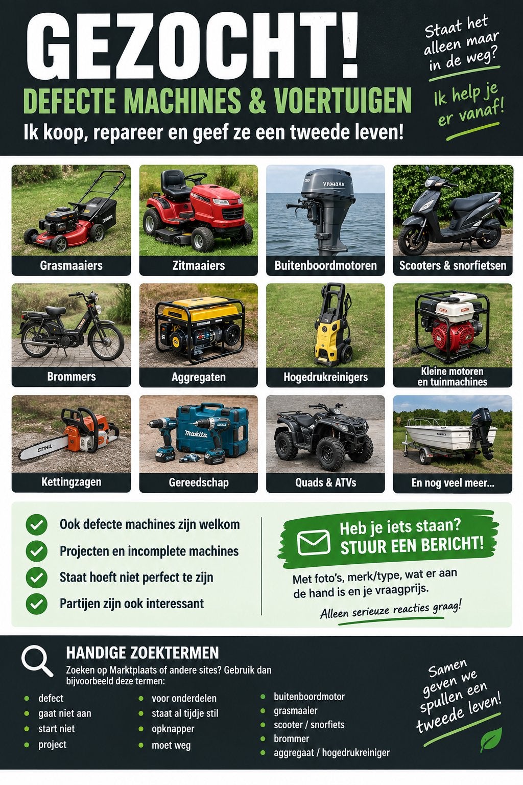 GEZOCHT: Defecte machines & voertuigen voor reparatie, Ophalen of Verzenden, Gebruikt