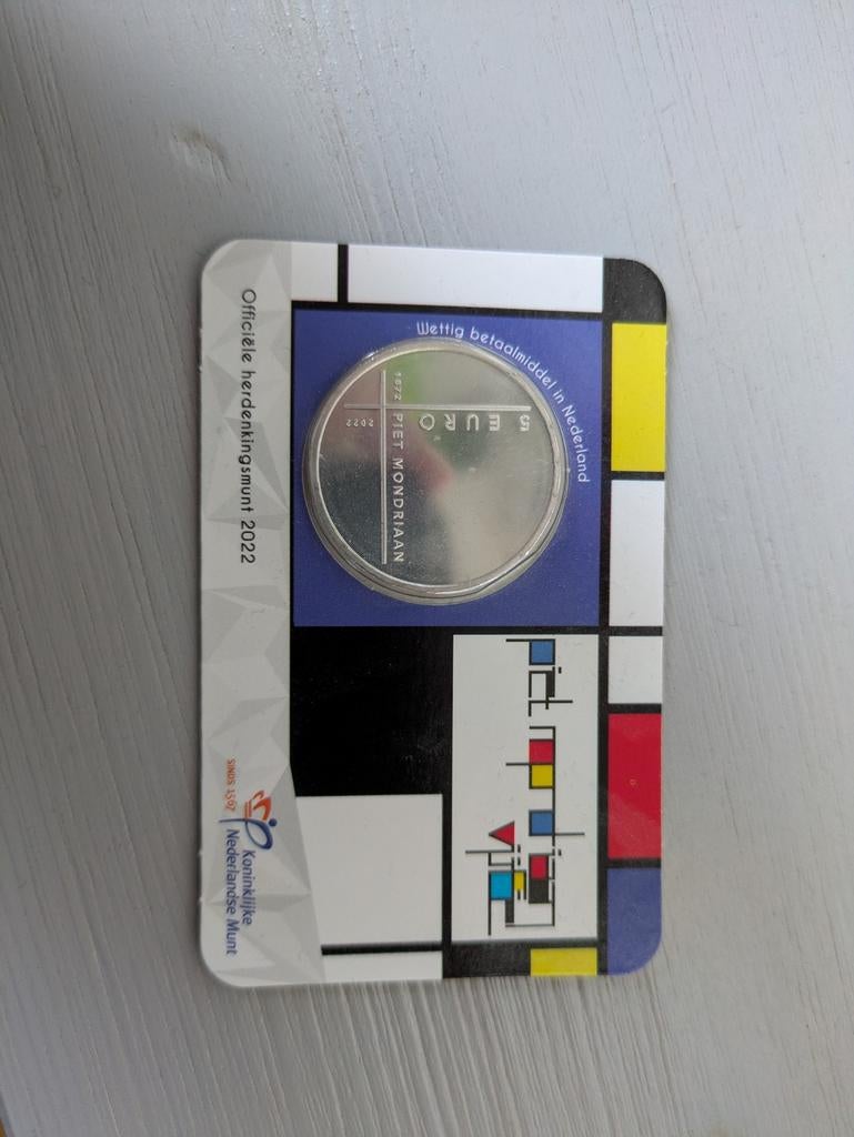 Piet Mondriaan Herdenkingsmunt 2022 - Zwaar Verzilverd €5, Koningin Beatrix, Zilver, Euro's, Ophalen of Verzenden