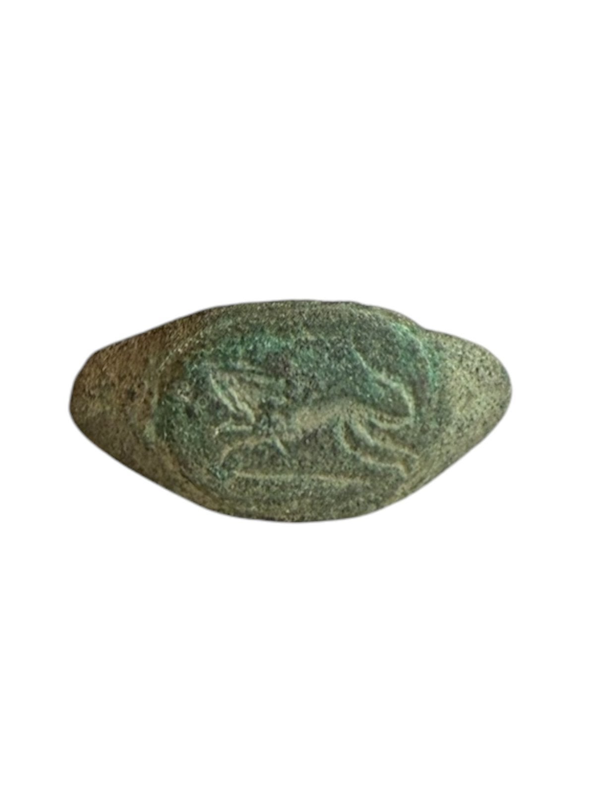 Romeinse bronzen zegelring springende leeuw bodemvondst, Antiek en Kunst, Ophalen of Verzenden