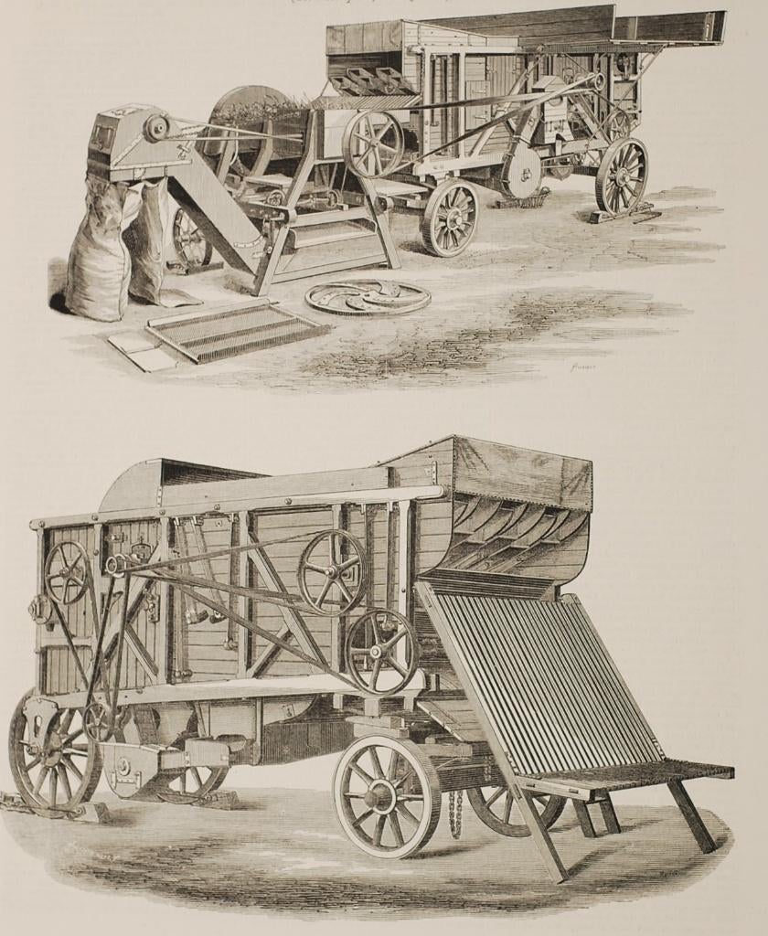 Dorsmachine - Antieke illustratie (1879), Verzamelen, Foto's en Prenten, Zo goed als nieuw, Overige onderwerpen, Voor 1940, Verzenden