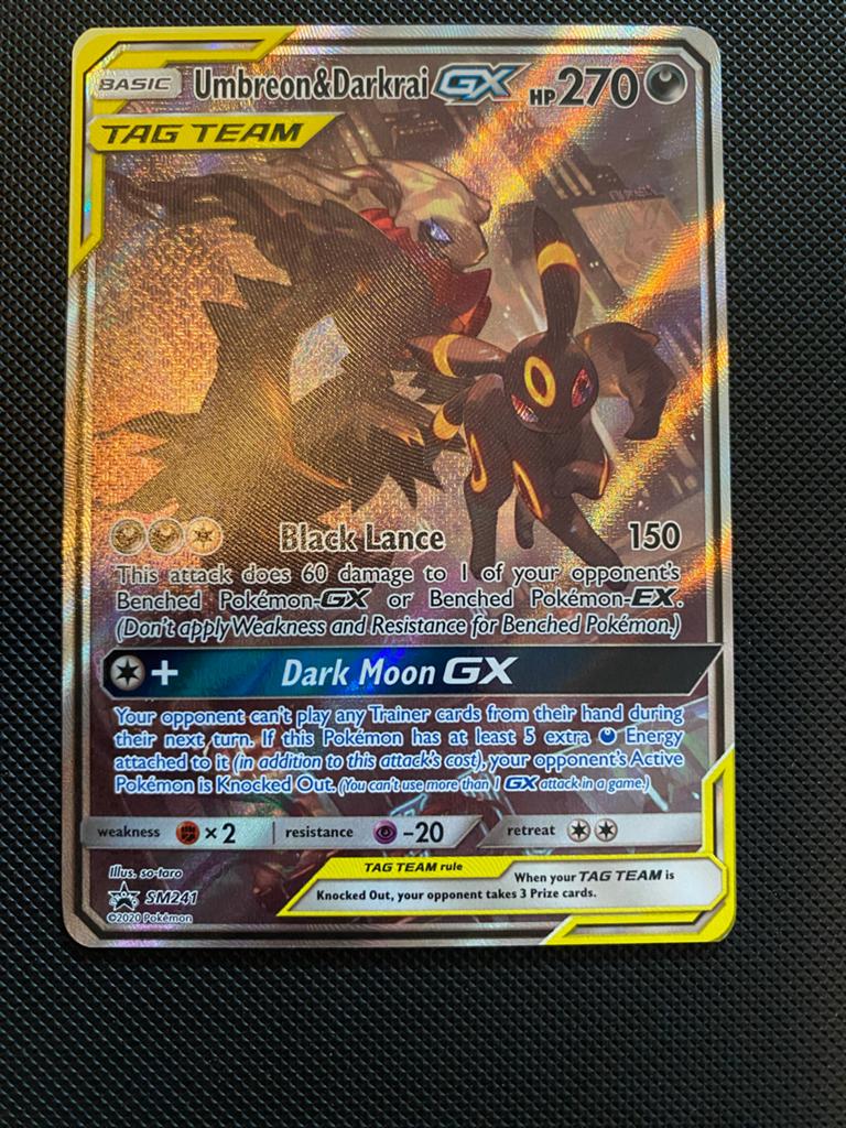Pokémon Kaart: Umbreon & Darkrai GX TAG TEAM SM241, Ophalen of Verzenden, Zo goed als nieuw, Losse kaart, Foil