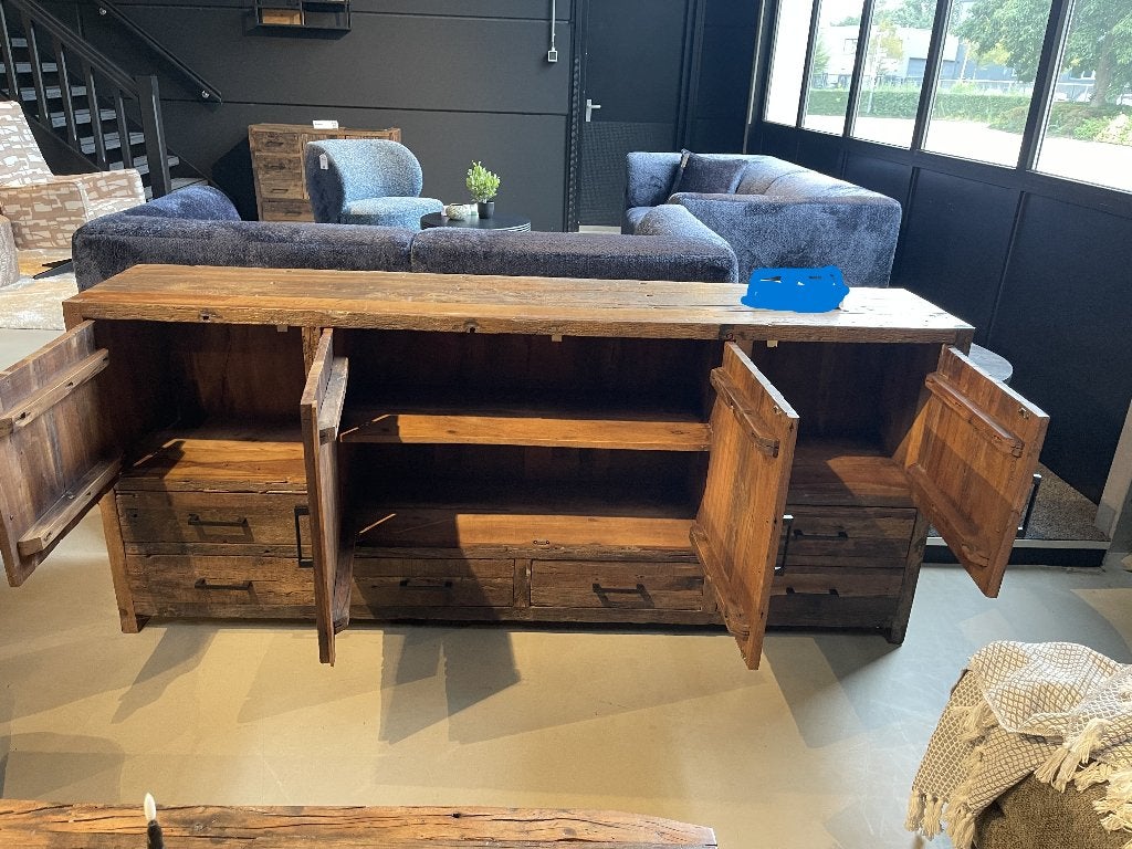 dressoir 200cm massief oud hout 4 deurs 6 laden  EXTRA ACTIE, Ophalen of Verzenden
