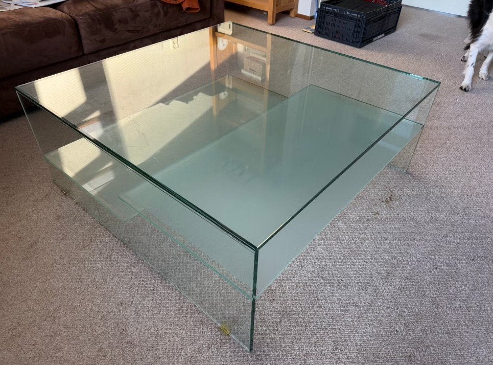 Glazen salontafel 100x100 cm met extra legplanken, Ophalen, Gebruikt, 50 tot 100 cm, Vierkant