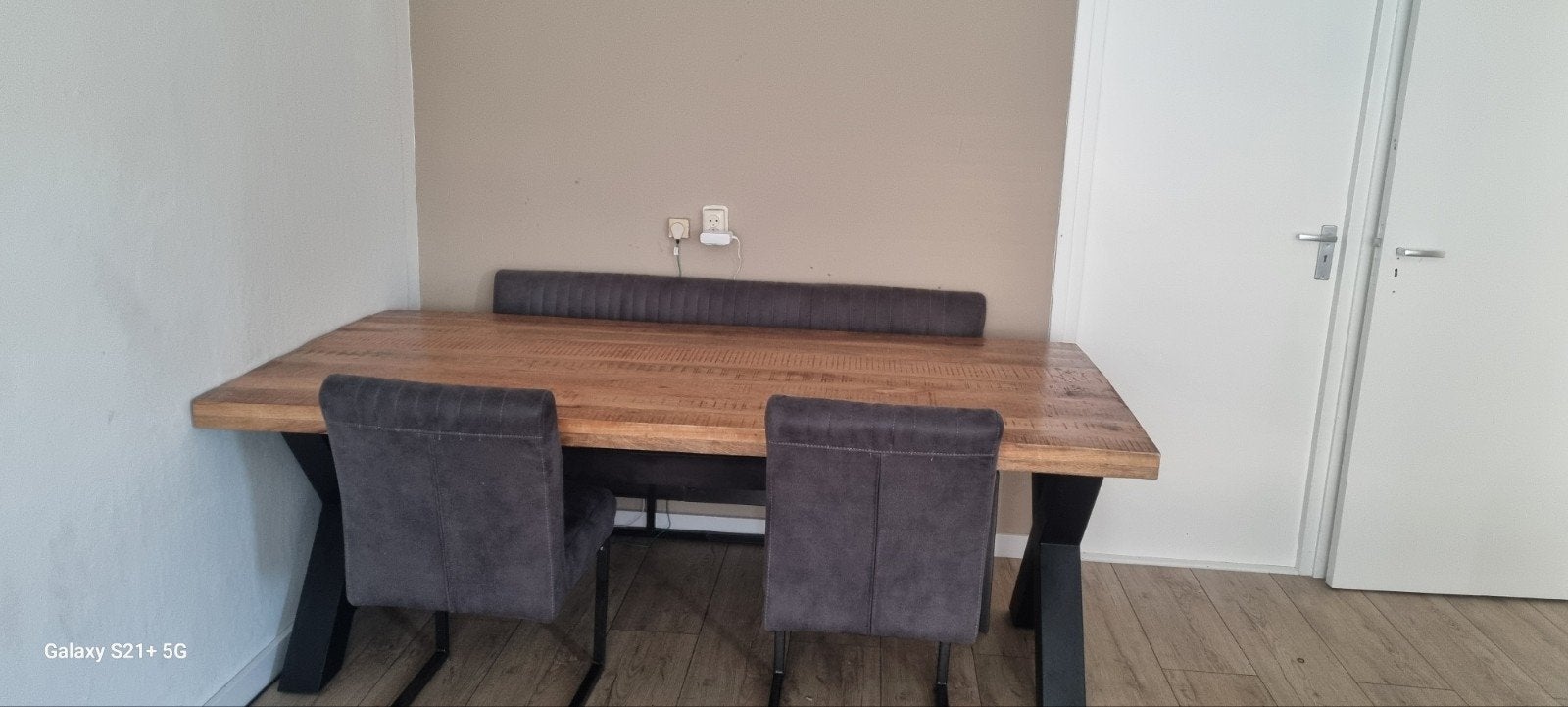 Grijze hoekbank en eettafel met bank en stoelen, Ophalen, Gebruikt, Hout, Modern industrieel