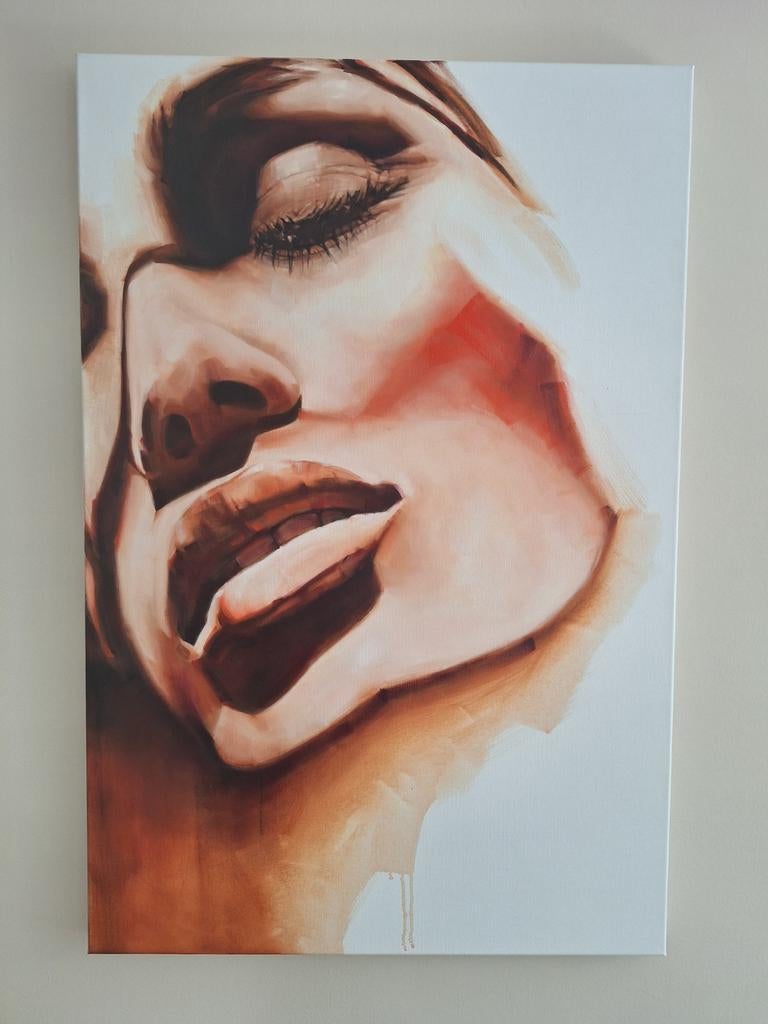Groot Canvas Schilderij: Vrouw portret oranje bruin rood, Ophalen of Verzenden