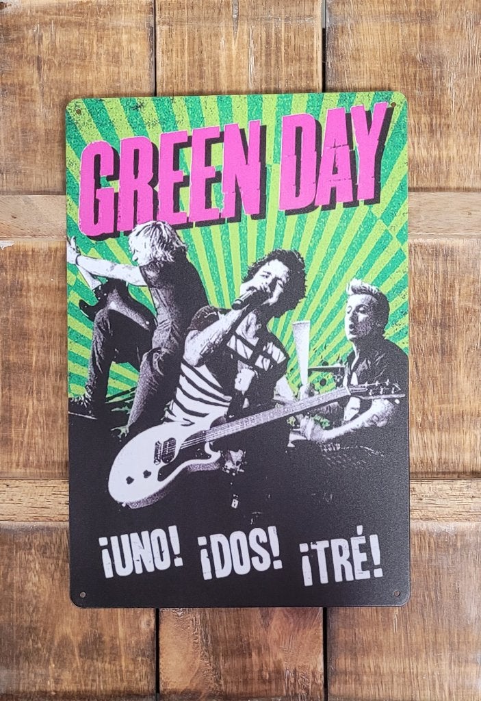 Green Day Uno Dos Tre reclamebord van metaal wandbord deco, Info@deconoord.nl, Deco Noord, Nieuw, Ophalen of Verzenden