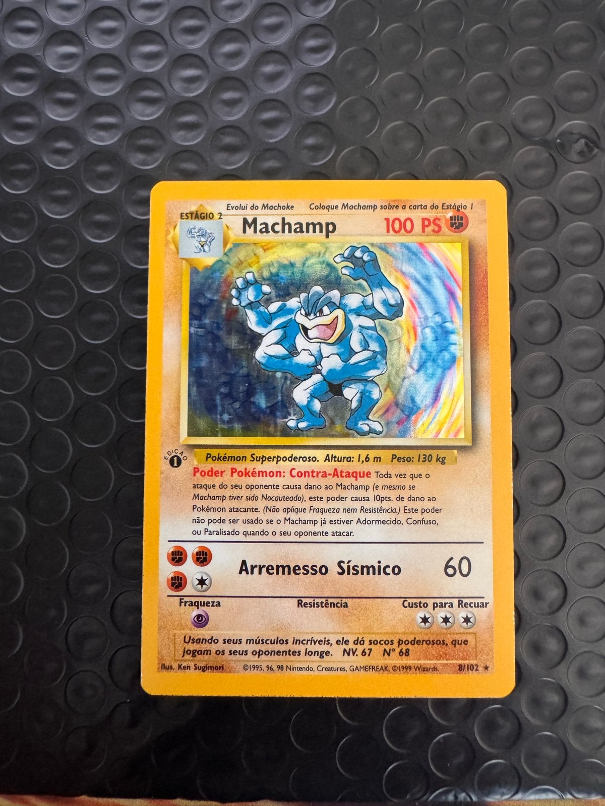 Machamp Base Set 1st Edition 8/102 Portugees Pokémon Kaart, Ophalen of Verzenden, Gebruikt, Losse kaart
