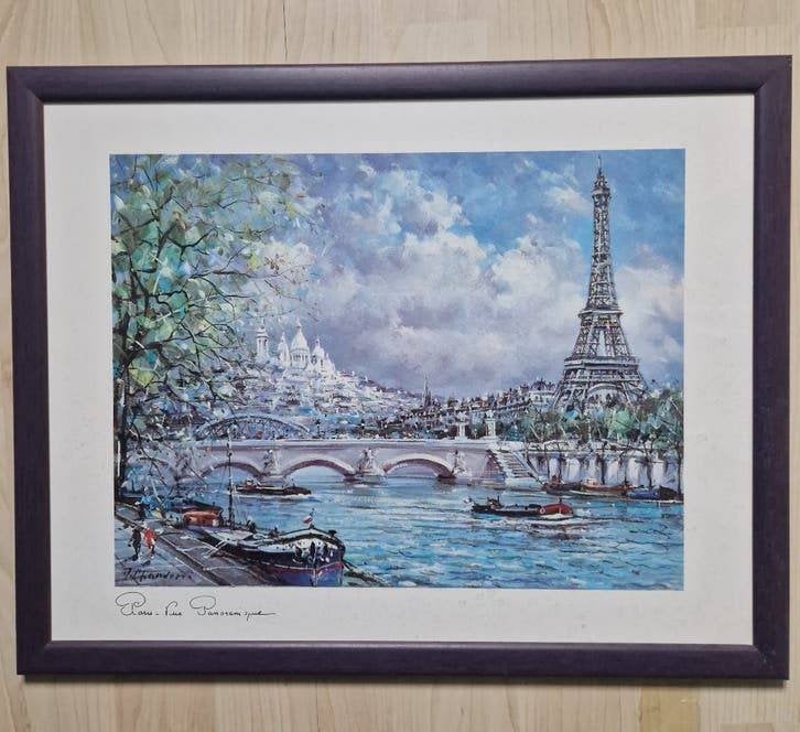 Ingelijste tekening Parijs met Eiffeltoren en Sacré-Cœur, Ophalen, Zo goed als nieuw, Minder dan 50 cm, Tekening