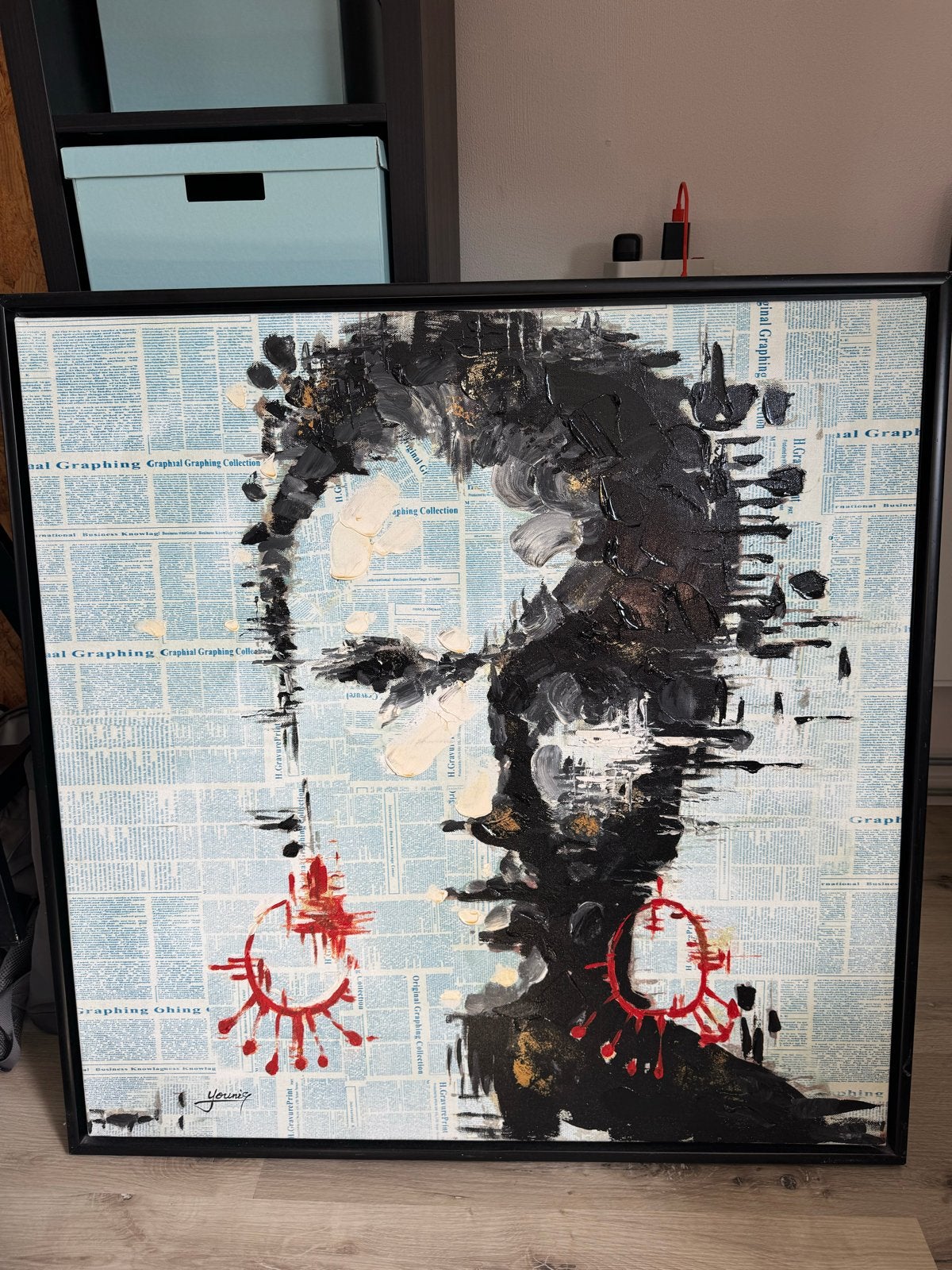 Schilderij- Abstract portret met krantenpapier, Ophalen, Abstract, Portret of Personen, Gesigneerd