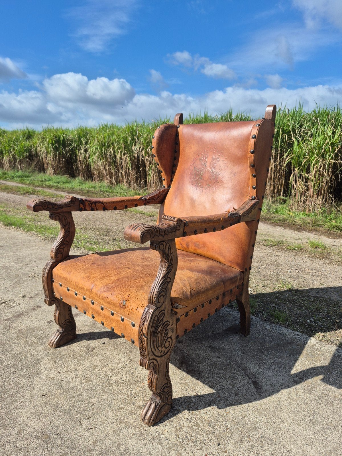 Antieke lederen kasteelstoel , troonfauteuil, troonstoel (3), Ophalen