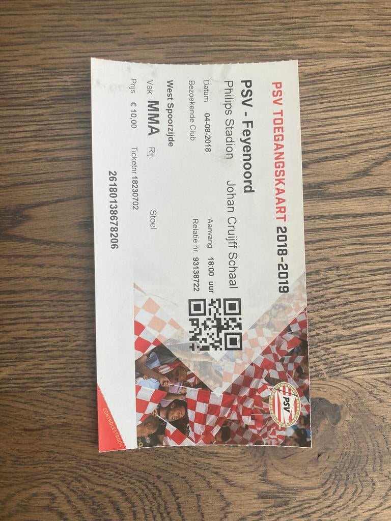 TICKET PSV-FEYENOORD JOHAN CRUIJFF SCHAAL 2018, Ophalen of Verzenden, Zo goed als nieuw, Feyenoord, Overige typen