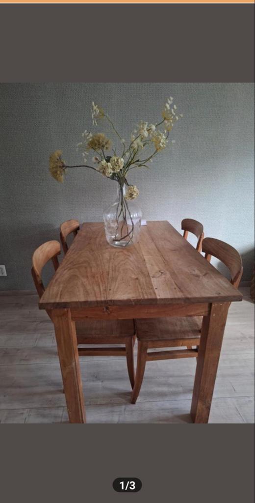 Teakhouten eethoek met 4 stoelen - Kleine eettafel, Gebruikt, W, Teakhout, Ophalen of Verzenden