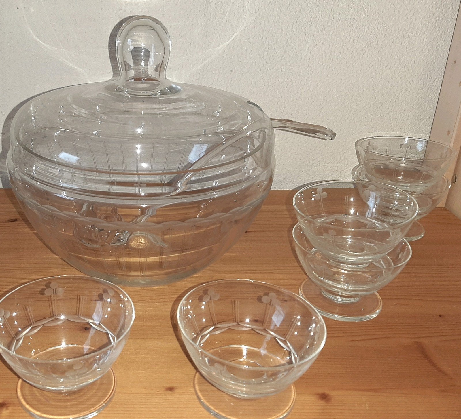 Antieke kristallen Bowl schaal met 6 glaasjes en lepel, Ophalen of Verzenden