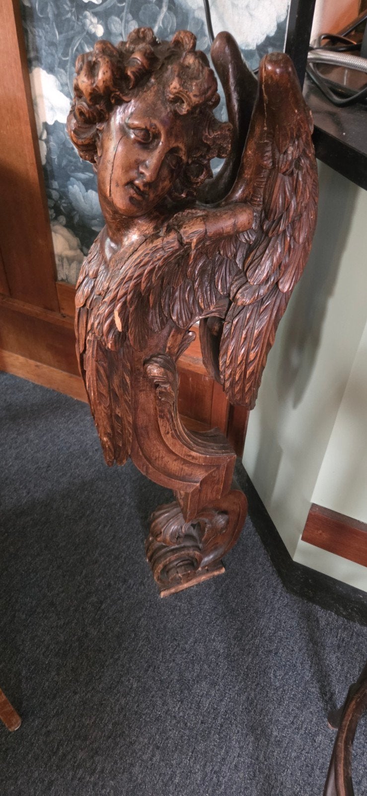 Antiek Houten Engelenbeeld - Gedetailleerd Houtsnijwerk, Ophalen, 50 - 100 cm, Handgemaakt, Beeld