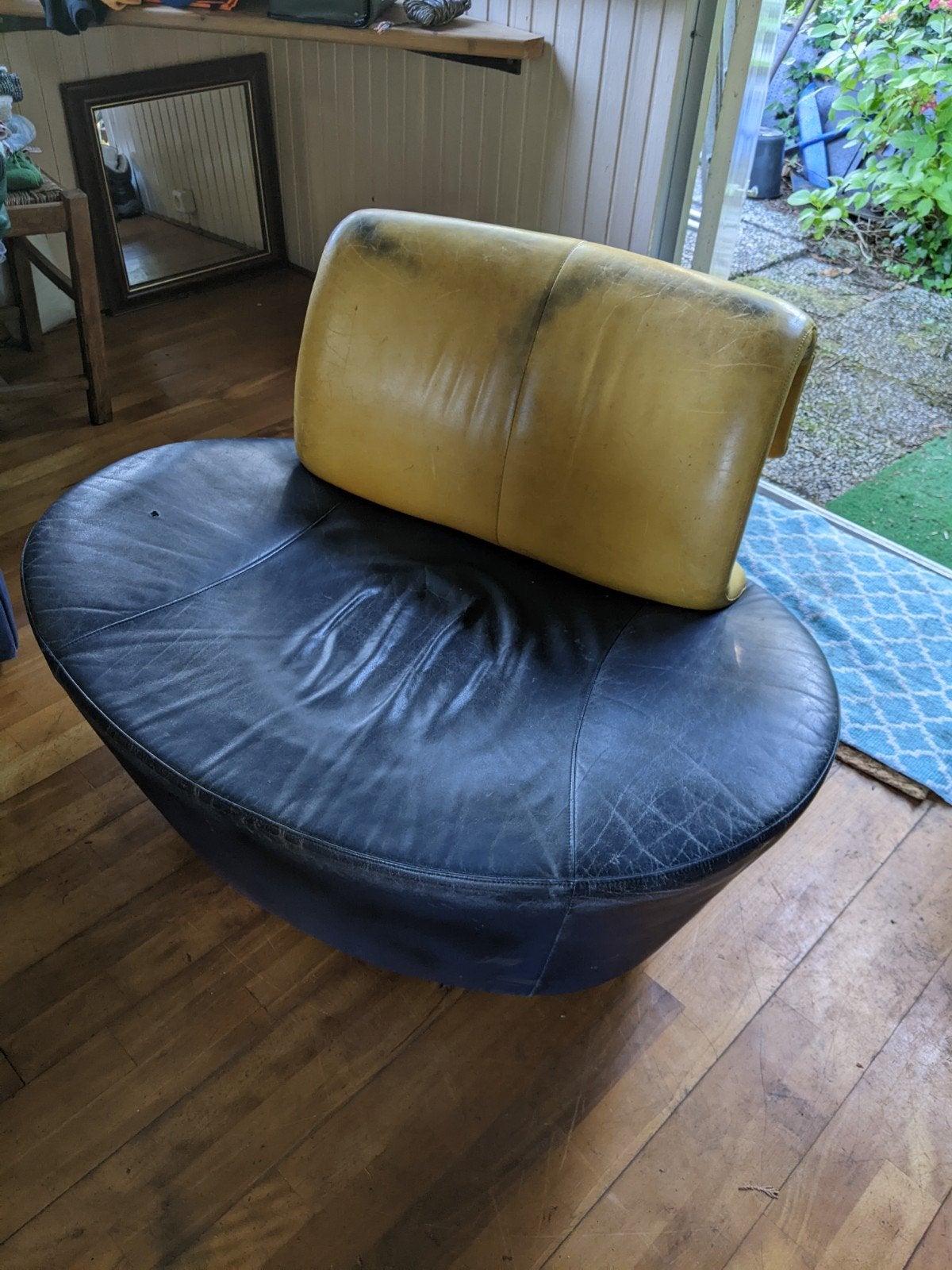 Vintage Montis seasons postmodern fauteuil, blauw en geel le, Ophalen, Gebruikt, Leer, Vintage