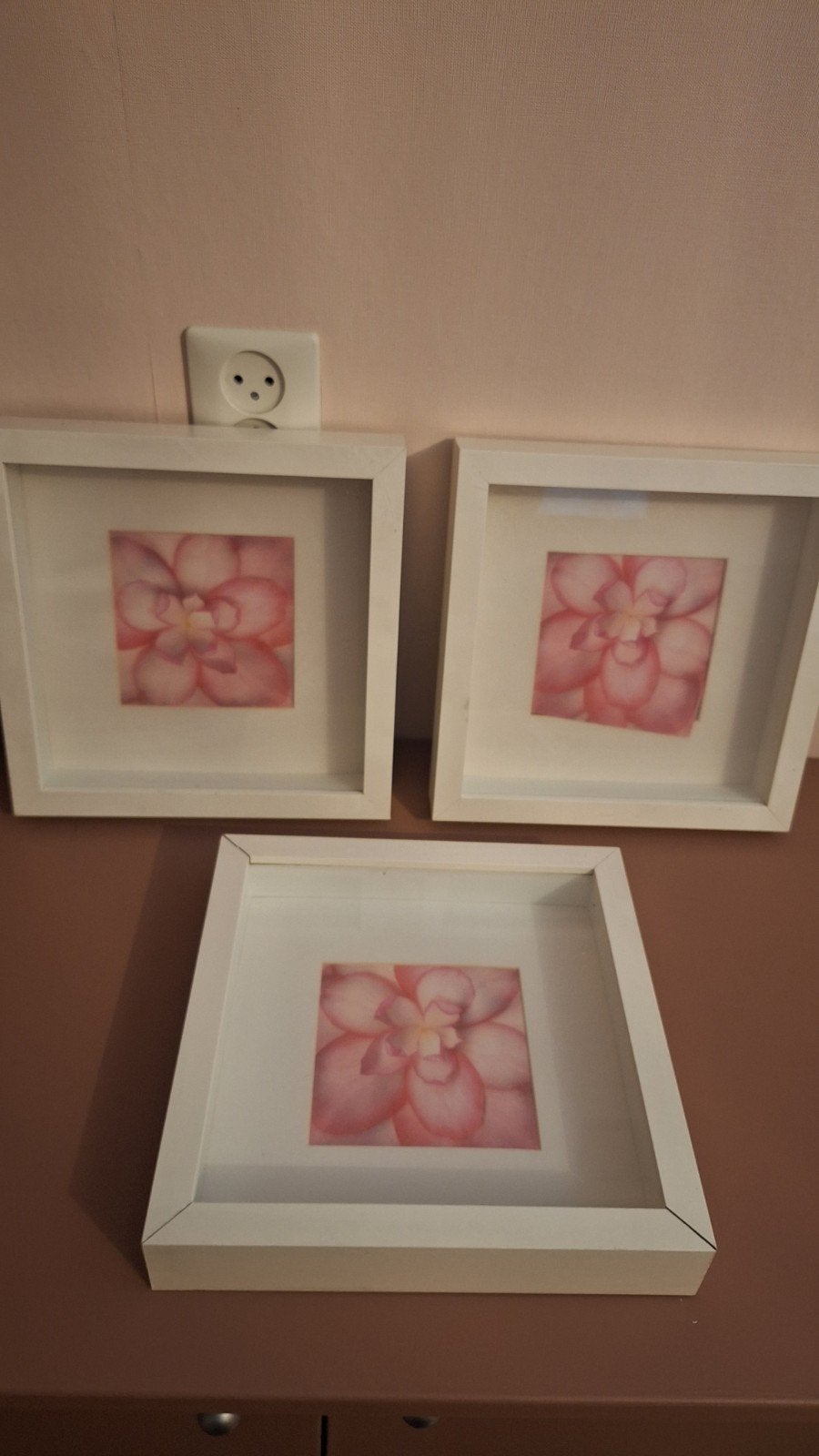 3x IKEA RIBBA fotolijst met roze bloemafbeelding, Ophalen, Zo goed als nieuw, Fotolijst, Wit