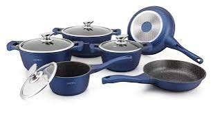 Pannenset 10 delig marmeren coating blauw limited, Met handvatten, Pannenset, Ophalen of Verzenden, Nieuw