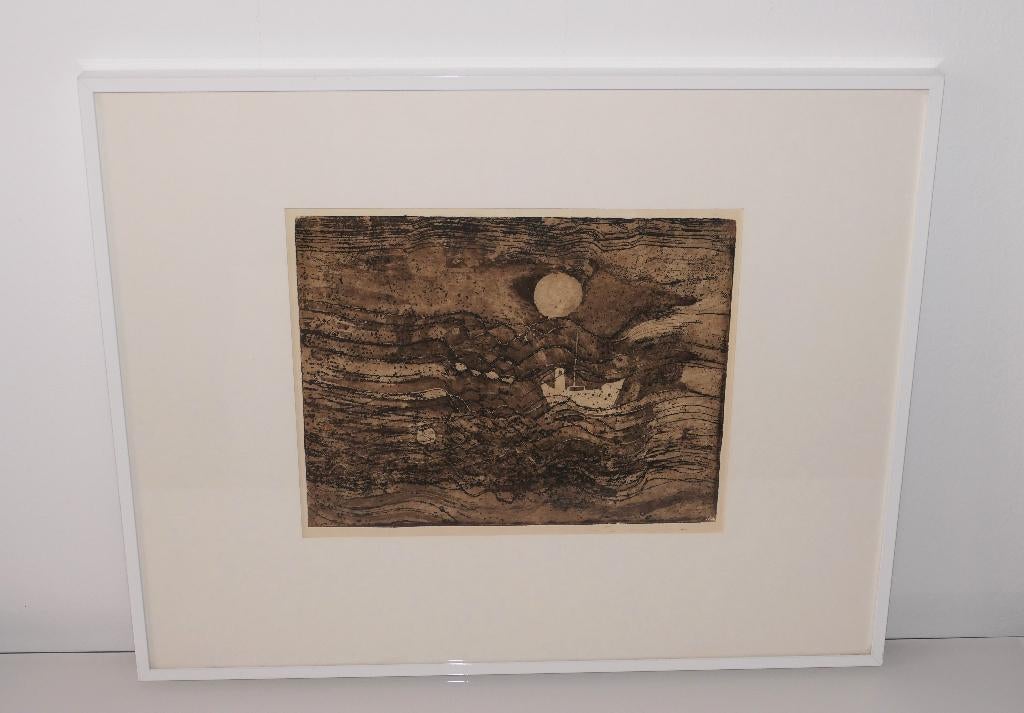 Anne Huitema (1941) ets, Ophalen, Landschap, 51 cm, 1950 - 1999