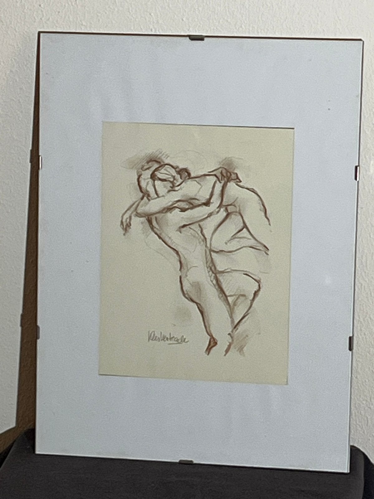 Ingelijste tekening van omhelzend paar. Kees Verkade., Antiek en Kunst, Ophalen of Verzenden, Tekening, Potloodtekening, Achter glas