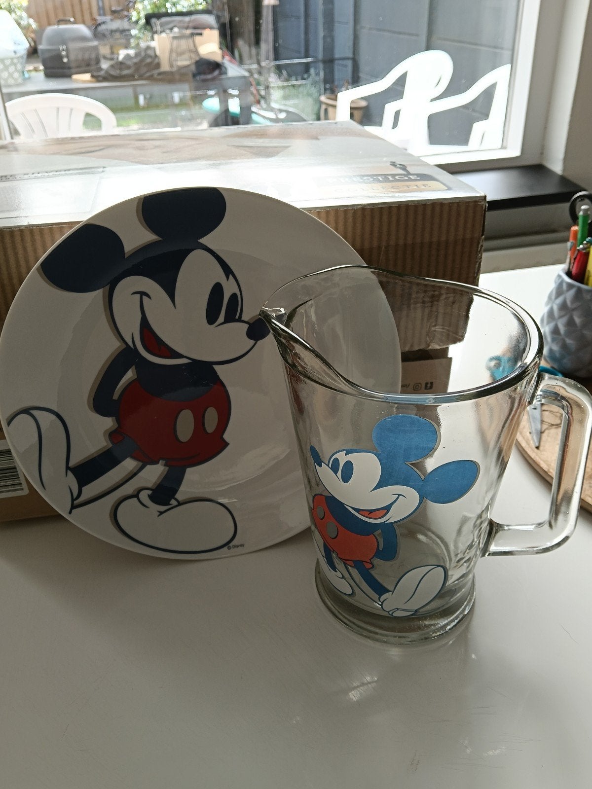 Mickey Mouse waterkan en eetbord set, Ophalen, Kan, Gebruikt, Overige merken