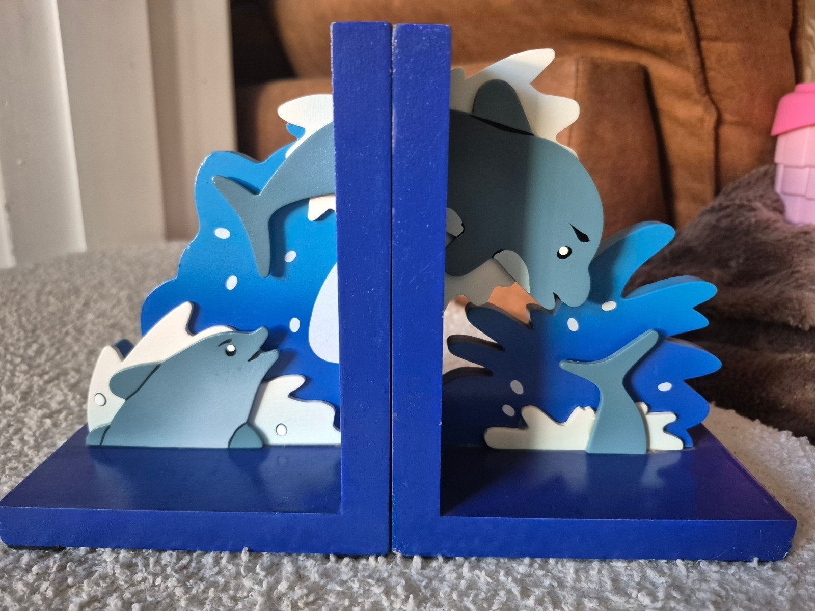 Houten Dolfijn Boekensteunen, Ophalen of Verzenden, Gebruikt, Blauw, Hout
