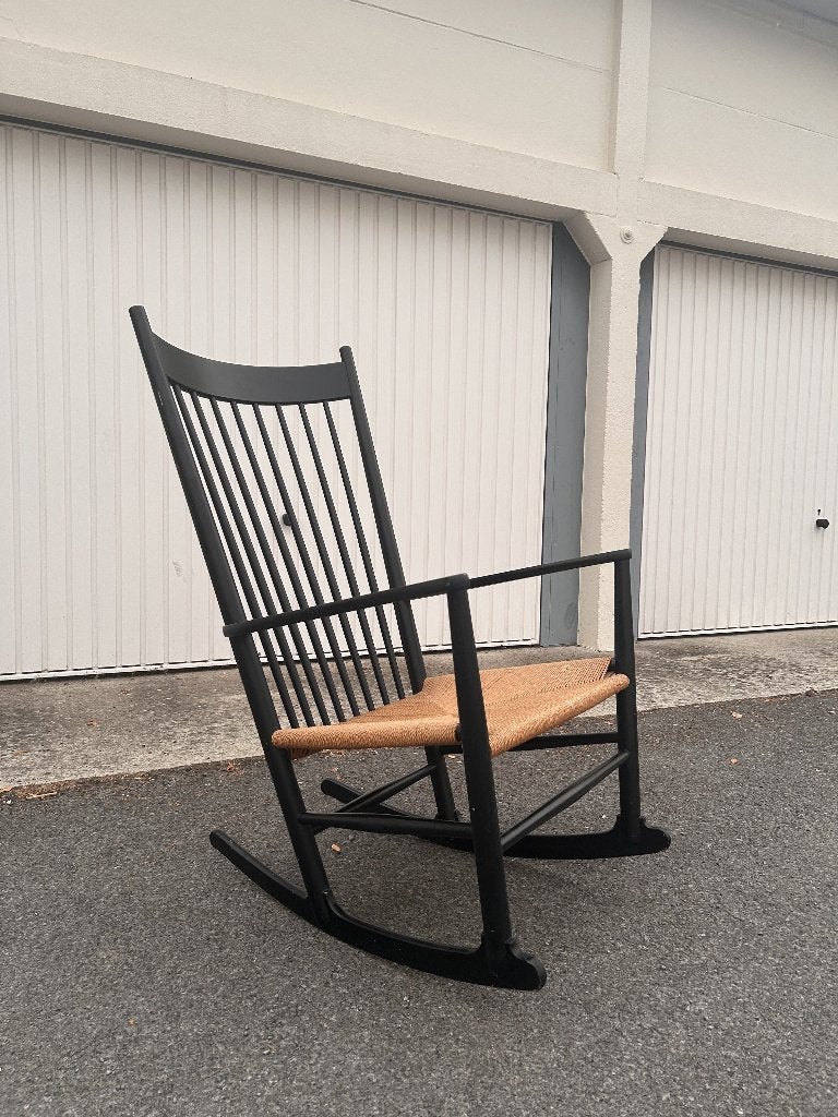 Zwarte schommelstoel met rieten zitting, Huis en Inrichting, Stoelen, Ophalen, Gebruikt, Zwart, Hout