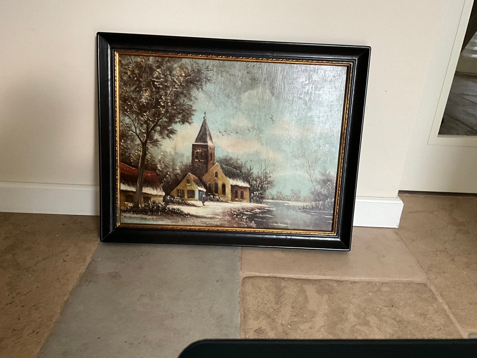 winterlandschap met dorpskerk – in fraaie klassieke lijst, Ophalen, Paneel, Gesigneerd, Olieverf