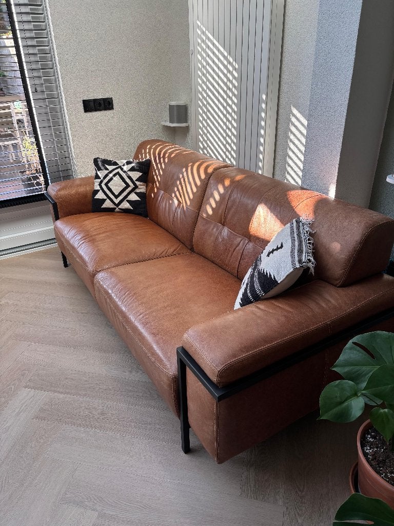 24-10 LAATSTE DAG - Cognac lederen bank - 233x92,5x80cm, Huis en Inrichting, Ophalen, Gebruikt, Driepersoons, 75 tot 100 cm