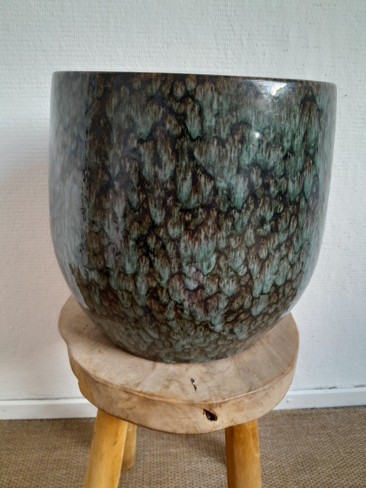 Grote geglazuurde bloempot in groen/bruin, Ophalen, Gebruikt, 40 cm of meer, Rond