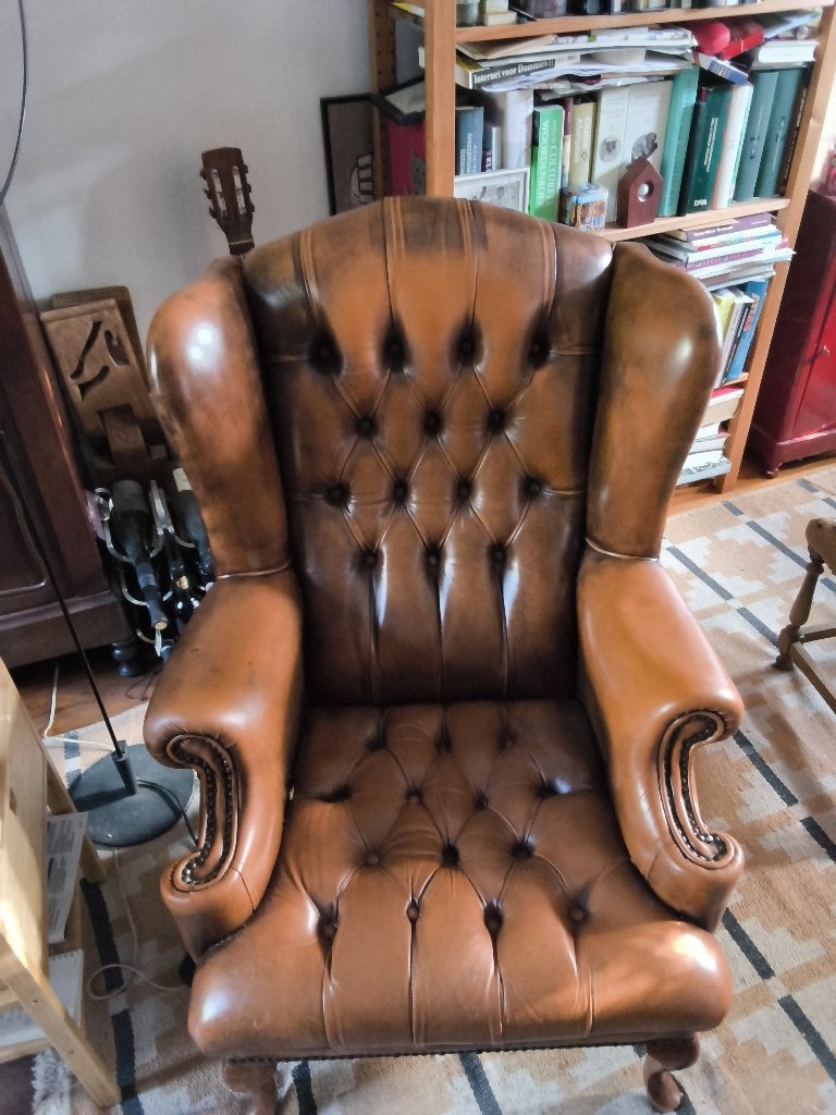 Klassiek lederen Chesterfield fauteuil, Ophalen, Gebruikt, 100 tot 125 cm, Klassiek