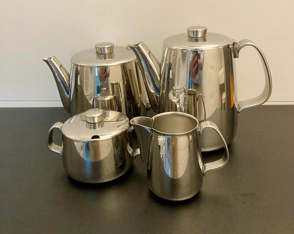 Alfra Alessi design koffie en thee servies 4 dlg stainles, Ophalen of Verzenden, Gebruikt, Rvs, Overige typen